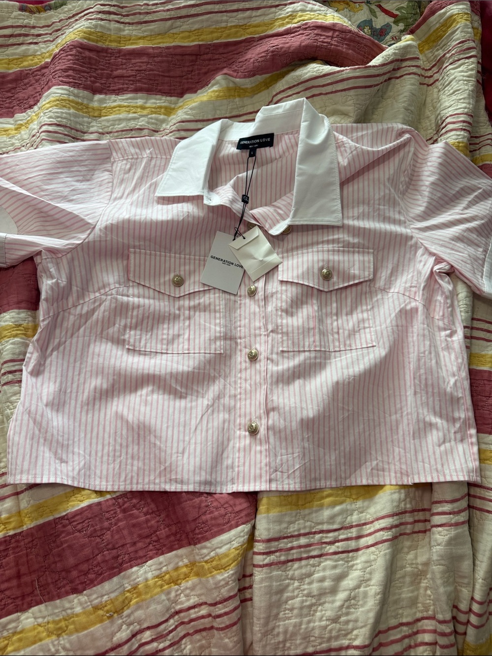 Generation Love New York- Pink Striped Button-Front Crop Shirt with White Collar